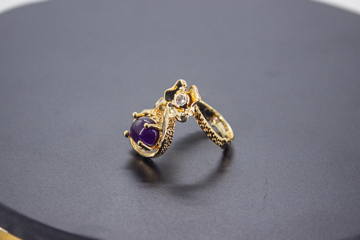 Handmade Organic 14K Gold Plated Amethyst & Zircon Ring – Nickel-Free Brass, Sculptural Adjustable Boho Jewelry