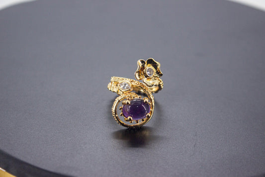 Handmade Organic 14K Gold Plated Amethyst & Zircon Ring – Nickel-Free Brass, Sculptural Adjustable Boho Jewelry