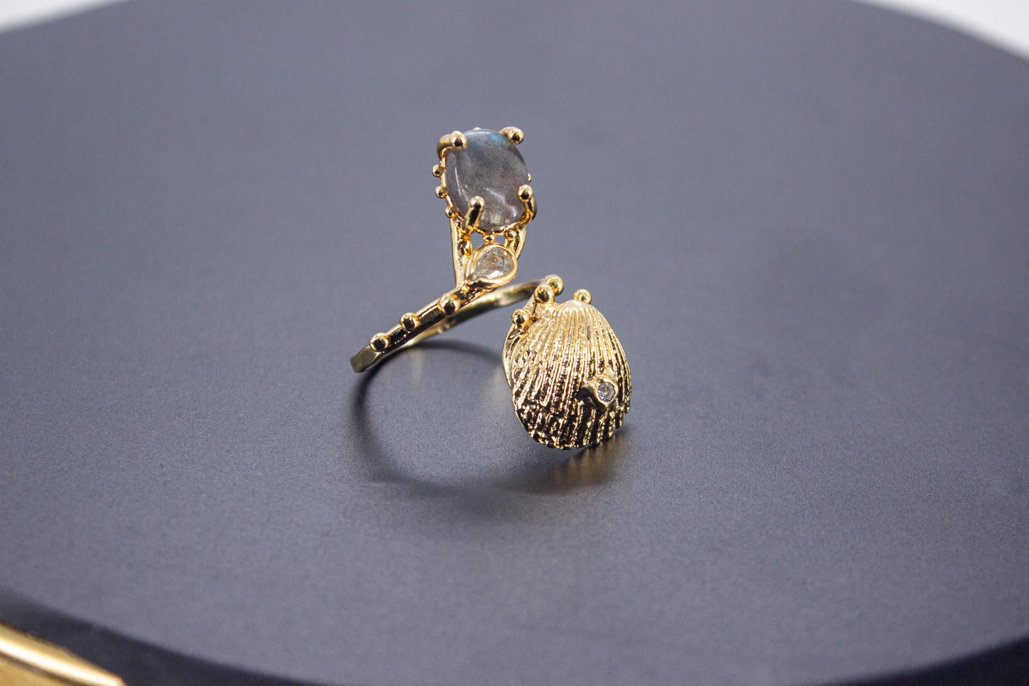 Handmade Organic 14K Gold Plated Labradorite & Zircon Ring – Nickel-Free Brass, Sculptural Adjustable Boho Jewelry