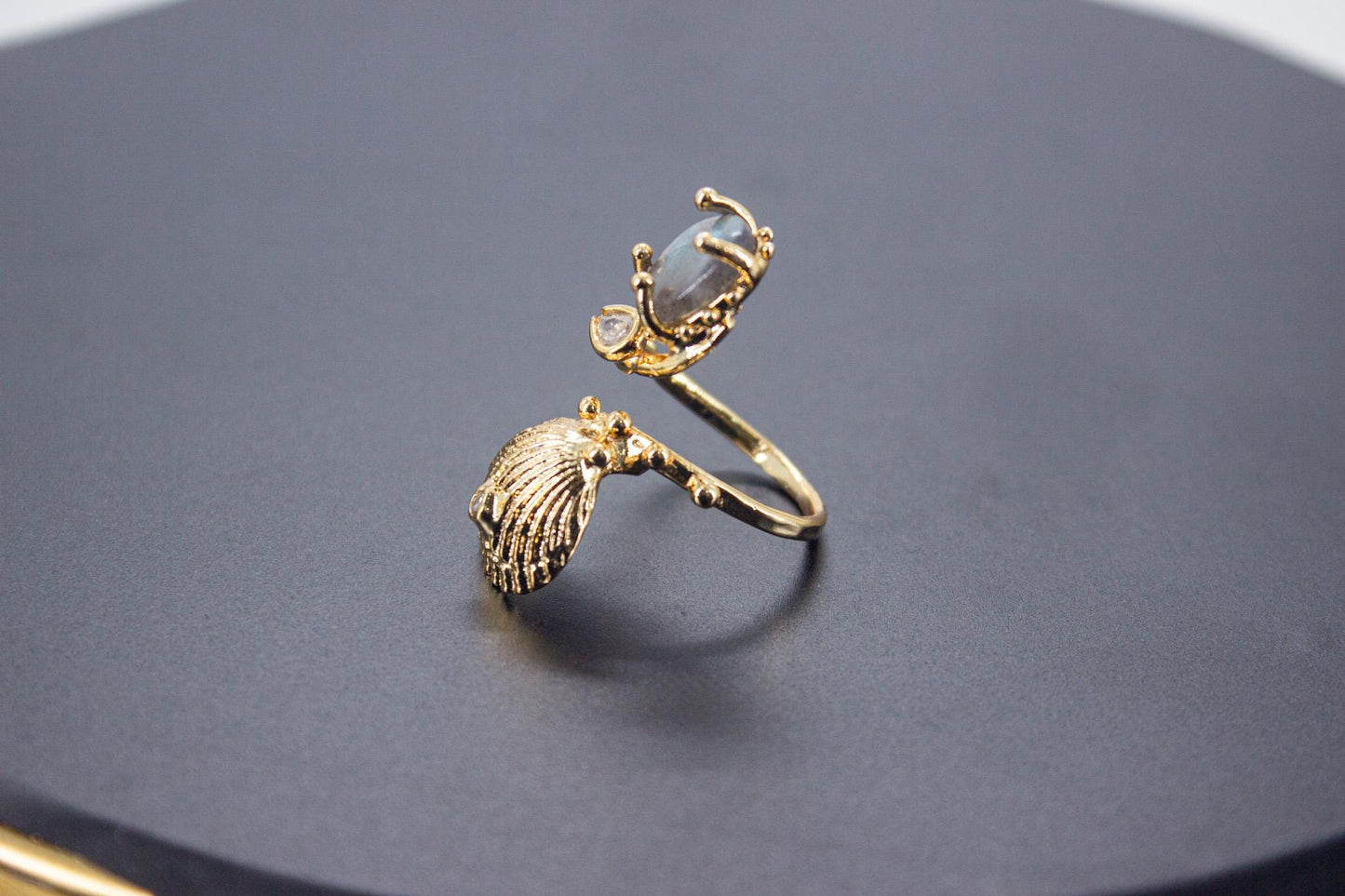 Handmade Organic 14K Gold Plated Labradorite & Zircon Ring – Nickel-Free Brass, Sculptural Adjustable Boho Jewelry