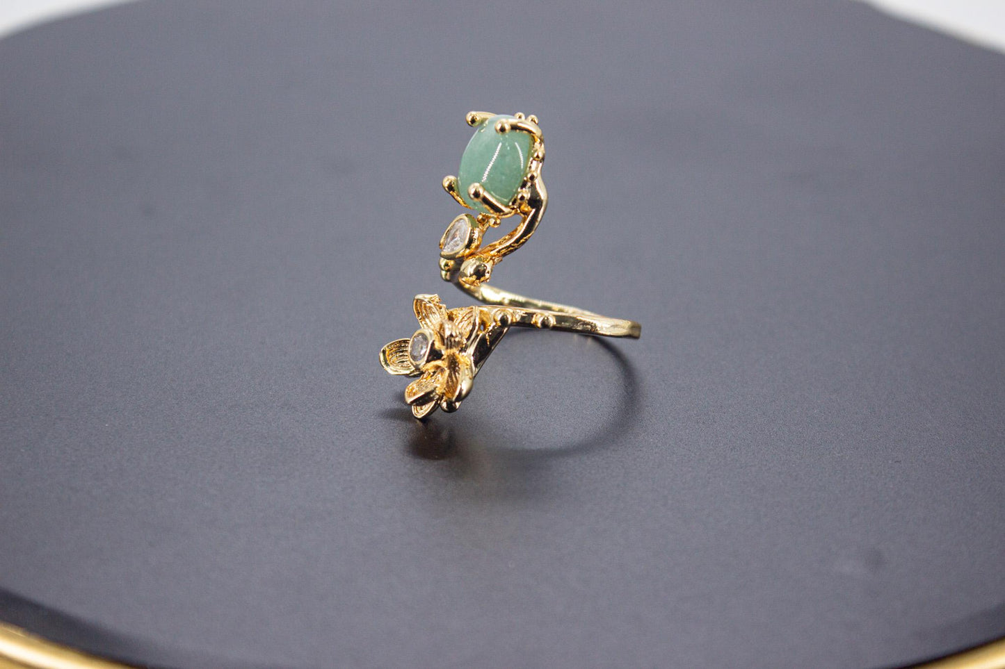 Handmade Organic 14K Gold Plated Jade & Zircon Ring – Nickel-Free Brass, Sculptural Adjustable Boho Jewelry