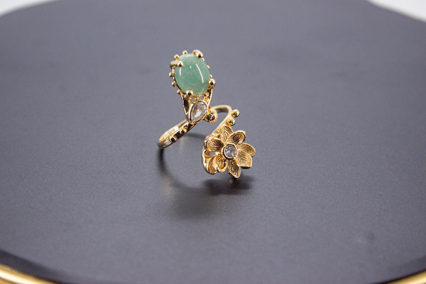 Handmade Organic 14K Gold Plated Jade & Zircon Ring – Nickel-Free Brass, Sculptural Adjustable Boho Jewelry