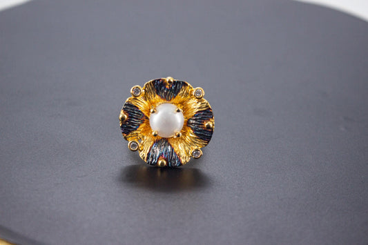 Handmade Organic 14K Gold Plated Pearl & Zircon Ring – Nickel-Free Brass, Sculptural Adjustable Boho Jewelry