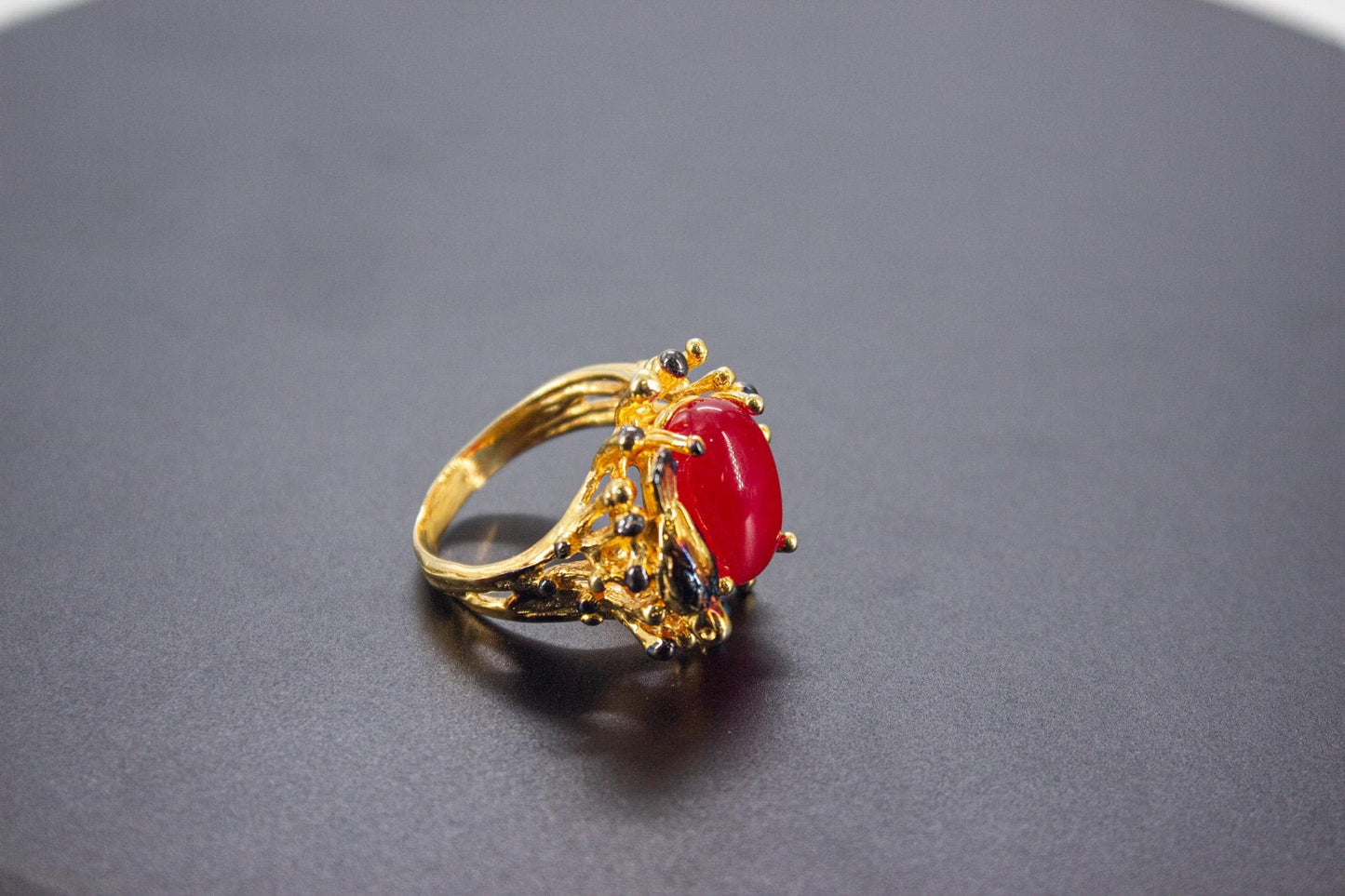 Handmade Organic 14K Gold Plated Yemeni Red Agate Ring – Nickel-Free Brass, Sculptural Adjustable Boho Jewelry