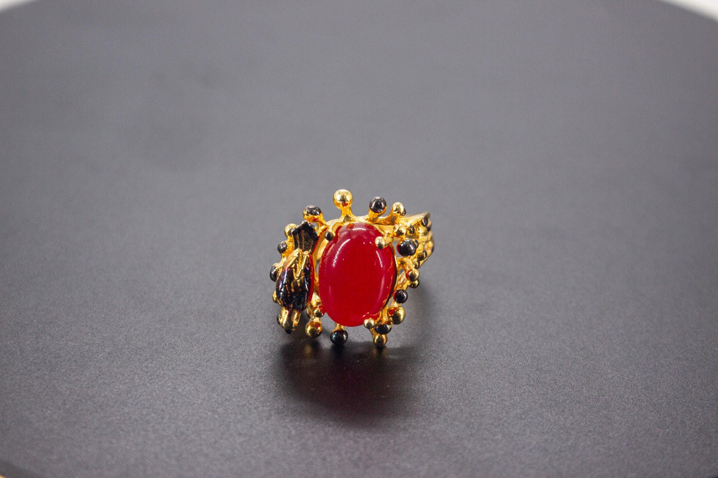 Handmade Organic 14K Gold Plated Yemeni Red Agate Ring – Nickel-Free Brass, Sculptural Adjustable Boho Jewelry