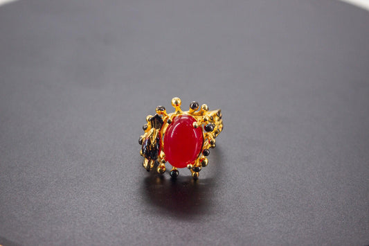 Handmade Organic 14K Gold Plated Yemeni Red Agate Ring – Nickel-Free Brass, Sculptural Adjustable Boho Jewelry
