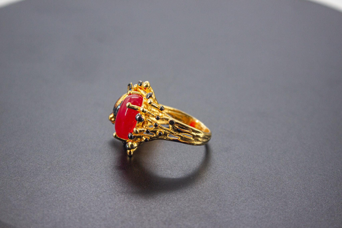 Handmade Organic 14K Gold Plated Yemeni Red Agate Ring – Nickel-Free Brass, Sculptural Adjustable Boho Jewelry