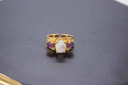 Handmade Organic 14K Gold Plated Amethyst & Moonstone Ring – Nickel-Free Brass, Sculptural Adjustable Boho Jewelry